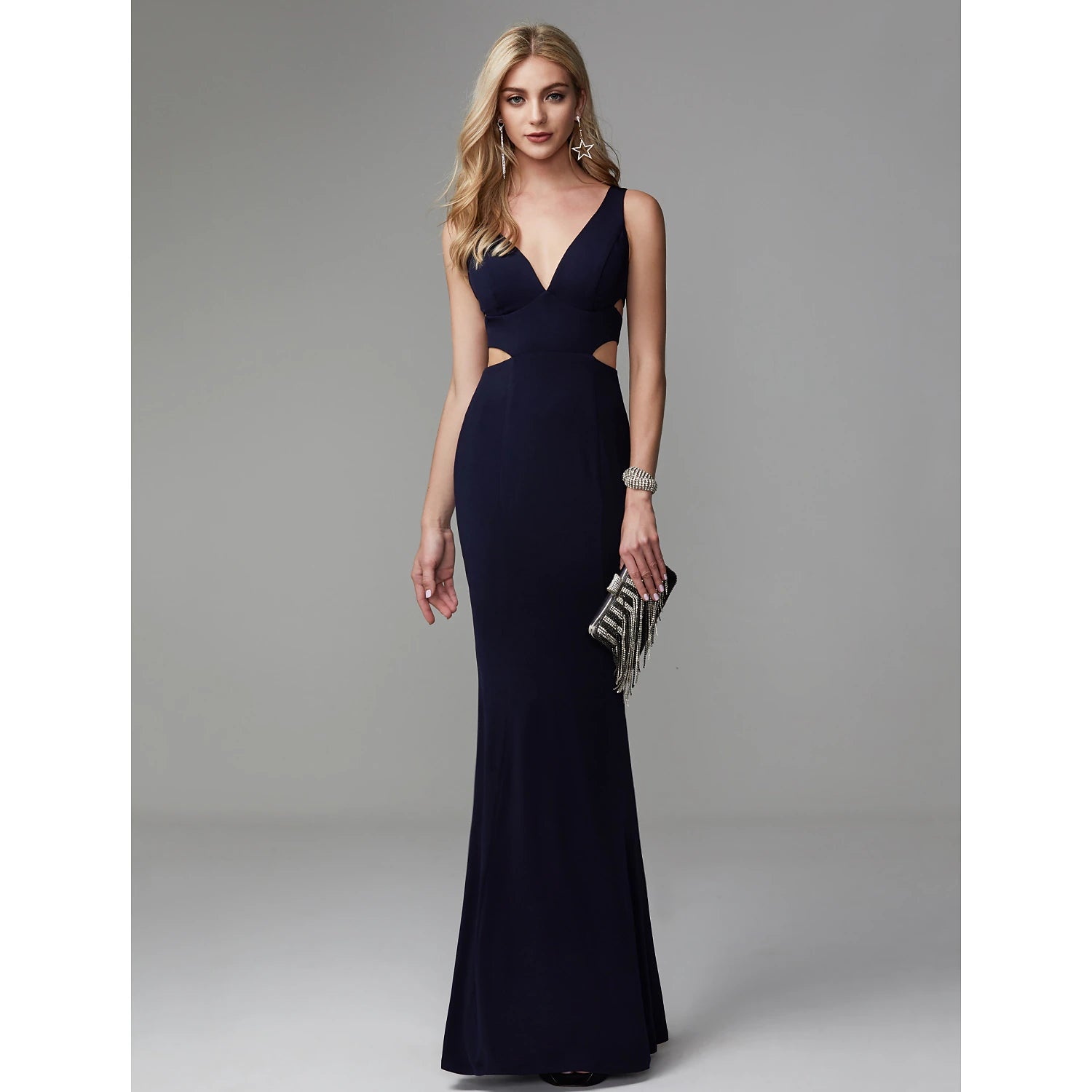 Meerjungfrau/Trompete, Ausschnitt, schöner Rücken, elegantes Ball-/Abendkleid, V-Ausschnitt, ärmellos, bodenlang, Spandex mit Falten